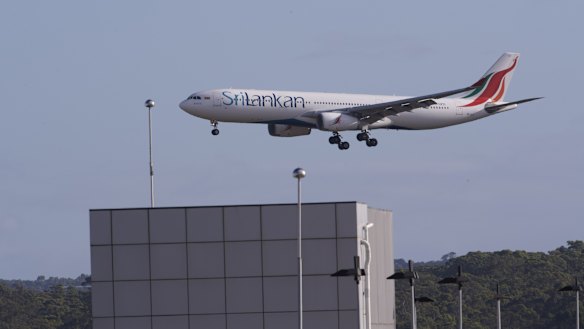 The SriLankan Airlines flight as it landed at Melbourne Airport on Monday morning.