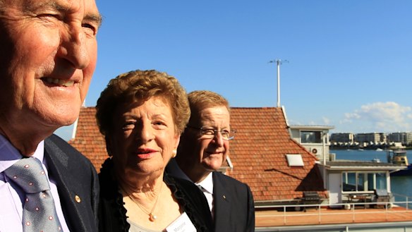 Marjorie Jackson at the Australian team’s 59th reunion of the 1952 Helsinki Olympics, flanked by Herb Elliott and John Coates.