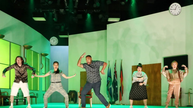 From left: Gareth Davies, Michelle Lim Davidson, Anthony Taufa, Nakkiah Lui and Vanessa Downing in <i>How to Rule the World</i>. Photo: Prudence Upton