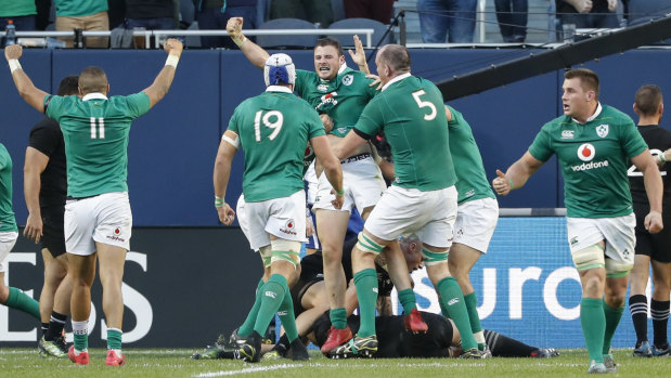 Green party: Ireland hit 40 points in their famous win over the All Blacks in Chicago in 2016.