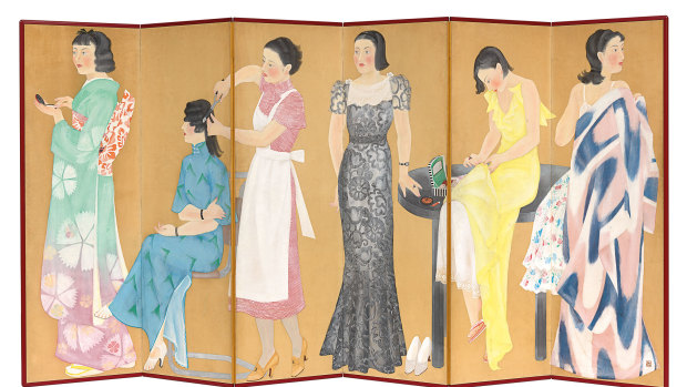 Women preparing for a party (Yosoō hitobito) 1935 by Taniguchi Fumie.