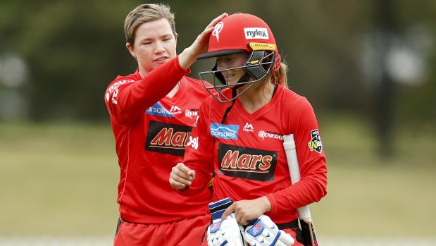 Good innings: Jess Duffin (left) of the Melbourne Renegades congratulates team mate Danielle Wyatt on her unbeaten innings.