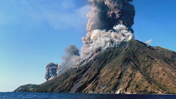 Smoke billows from the volcano on the Italian island of Stromboli.