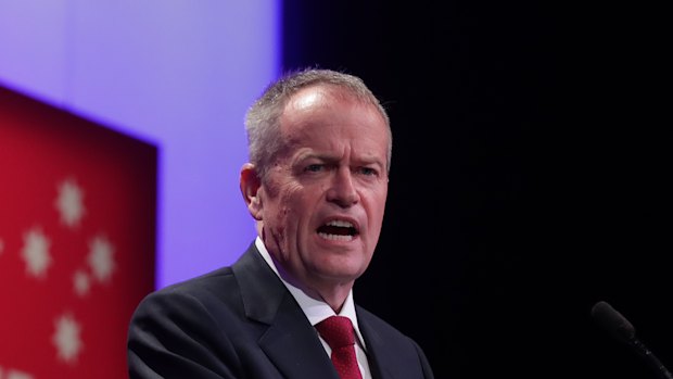 Opposition Leader Bill Shorten addresses the ALP conference in Adelaide on Sunday. 