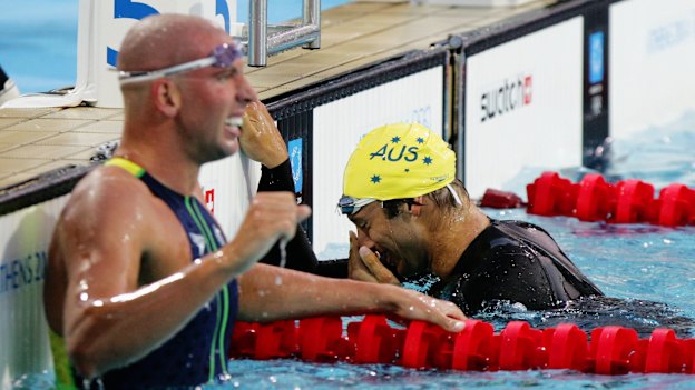 Ian Thorpe appears to shed a tear after his victory in the 400m freestyle in Athens. 