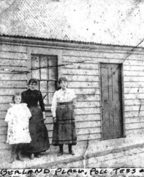 Marie Hayes' mother, Tess, left, aunt Polly and Ada Maine in 1901 outside the family house, 42 Cumberland Place, near Little Lonsdale Street .