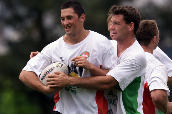 Wes Maas, left, at pre-season training for South Sydney at the end of 2001. 