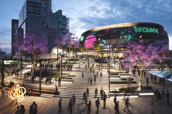 Concept designs for Brisbane Live, the precursor to Brisbane Arena, released by the state government in 2019. It is depicted at its original site.