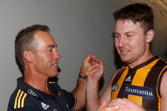 Alastair Clarkson (left) with Liam Shiels at Hawthorn.