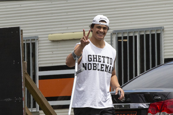 Tommy Talau arrives at the Tigers’ Concord HQ on Monday.