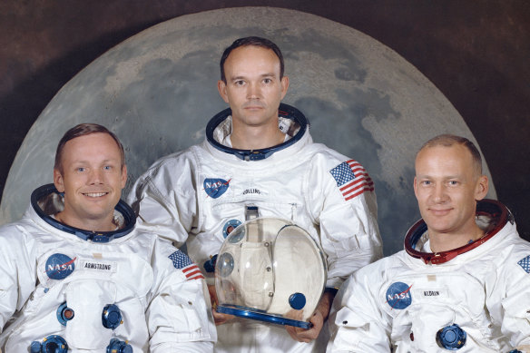 The crew of the Apollo 11, from left, Neil Armstrong, commander; Michael Collins, module pilot; Edwin E. "Buzz" Aldrin, lunar module pilot. Apollo 11 was the first manned mission to the surface of the moon. 