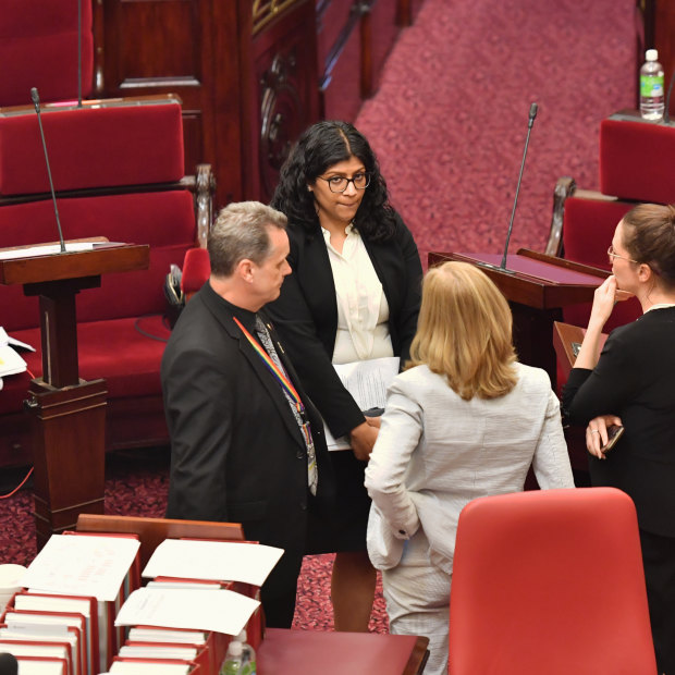 Samantha Ratnam in the upper house last year with fellow crossbenchers Andy Meddick and Fiona Patten (in white) and Labor minister Jaclyn Symes.