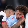 SYDNEY, AUSTRALIA - APRIL 26: Mark Nawaqanitawase of the Waratahs is hit high by Etene Nanai-Seturo of the Chiefs during the round ten Super Rugby Pacific match between NSW Waratahs and Chiefs at Allianz Stadium, on April 26, 2024, in Sydney, Australia. (Photo by Mark Kolbe/Getty Images)