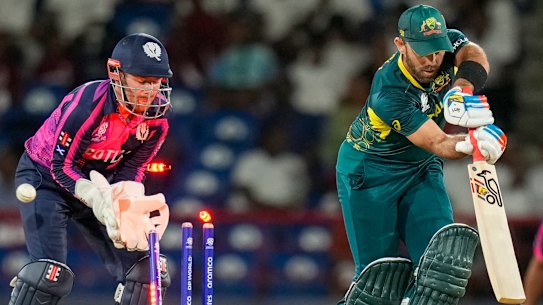 Glenn Maxwell is bowled during the men’s T20 World Cup match between Australia and Scotland, at Darren Sammy National Cricket Stadium, Gros Islet, St. Lucia, on Saturday, June 15.