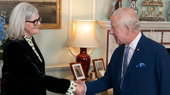 Governor-General Samantha Mostyn meets King Charles at Buckingham Palace in May. 