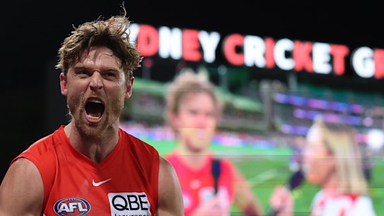 Dane Rampe roars as the Swans surge to their qualifying final win over the Brisbane Lions.