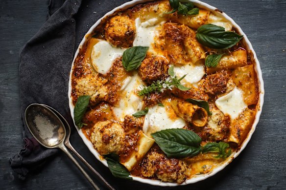 Parmigiana pasta bake with cauliflower balls.