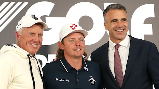 Greg Norman, Cameron Smith and South Australia premier Peter Malinauskas on Thursday.