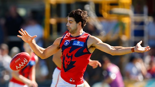 Back in the groove: Melbourne star Christian Petracca was in excellent touch against Fremantle on Sunday.
