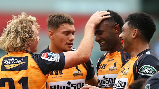 Joe Powell celebrates a try.