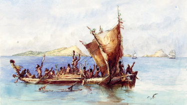 An illustration of an early outrigger canoe. 