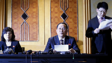 Ri Yong-Ho, North Korea's Foreign Minister, centre, speaks as Choe Son Hui, North Korea's Vice Foreign Minister, left, listens during a during a news conference following the Hanoi Summit.
