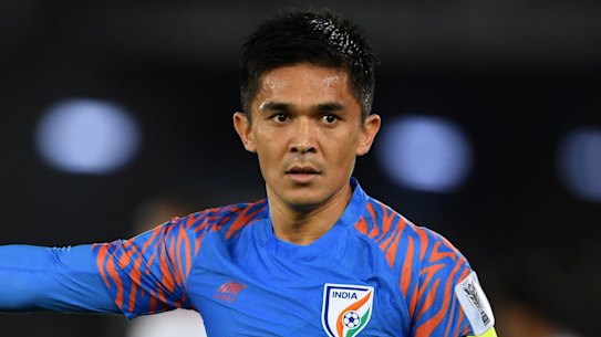 Sunil Chhetri playing for India in 2019 in Dubai.