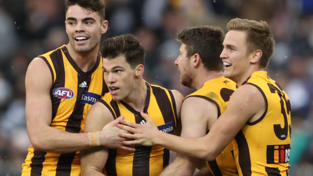 The winner: Jaeger O'Meara (second from left) after booting the final goal.