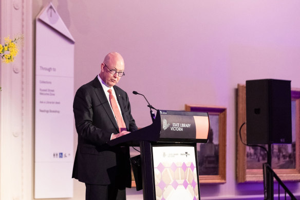 ABC chair Kim Williams on stage at the State Library on Wednesday night.