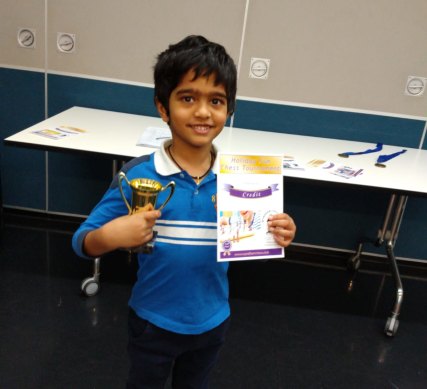Rheyansh Annapureddy winning his first competition in the Under 8 category at Wyndham chess club in Point Cook in 2018, when he was four years old.