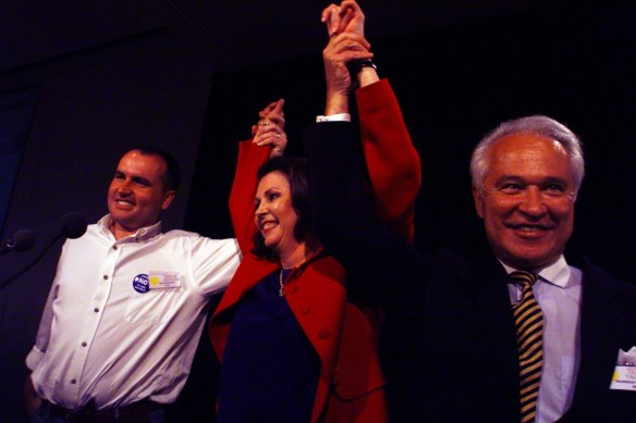 Crowning glory: David Flint, right, celebrating the defeat of the 1999 referendum with David Elliott and Kerry Jones.