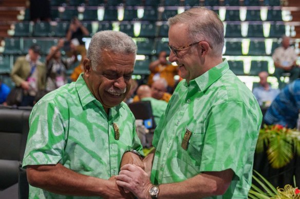 Anthony Albanese with New Caledonia President Louis Mapou at the Pacific Islands Forum in Rarotonga.