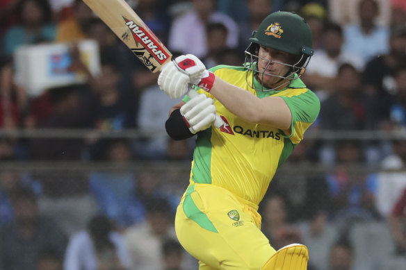 David Warner in action for Australia during the ODI win over India.
