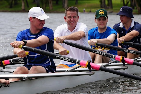 Deputy Premier Jarrod Bleijie rowing with Young LNP members on the Fitzroy River in Rockhampton in November.