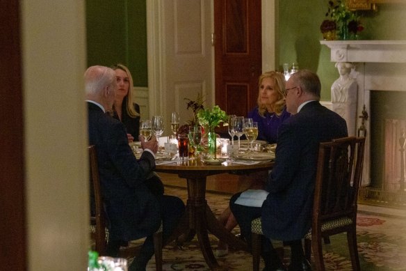 Prime Minister Anthony Albanese and his partner Jodie Haydon at a private dinner at the White House with President Joe Biden and first lady Jill Biden.