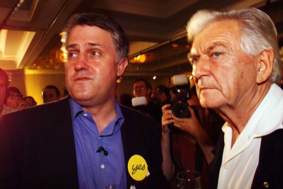 Facing the grim news: Bob Hawke and Malcolm Turnbull digest the result of the republic referendum in 1999.
