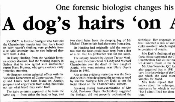 A Canberra Times article from 1986 reporting Brunner’s evidence to the royal commission into the Chamberlains’ convictions over the death of their daughter Azaria.
