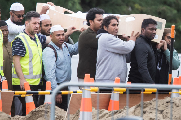 Mourners carry the coffin of Hussein  Moustafa after the Christchurch massacre.