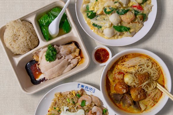 Hainanese chicken rice, seafood and rice noodles in egg sauce, laksa and fried rice at East West Gourmet.