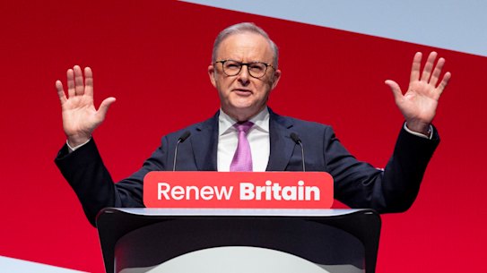 Anthony Albanese addresses the UK Labour Conference on Sunday night.