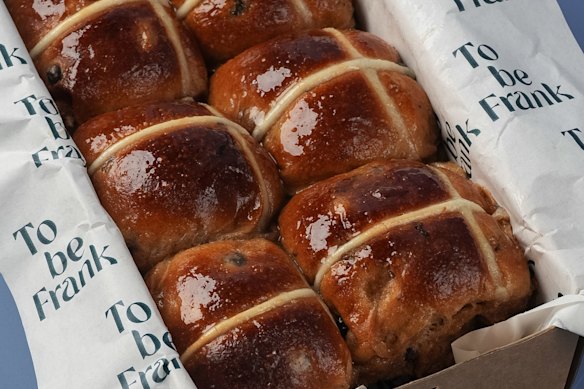 To Be Frank's buns include sultanas, currants, house-candied orange, and a crackly toffee-like glaze.