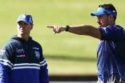 Mick Potter (left) attends his first training session as Bulldogs coach on Wednesday.