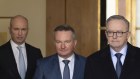 Matt Kean, Energy Minister Chris Bowen and Prime Minister Anthony Albanese at a press conference on Monday.
