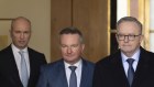 Matt Kean, Energy Minister Chris Bowen and Prime Minister Anthony Albanese at a press conference on Monday.