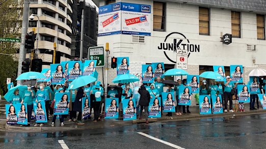 Monique Ryan’s supporters gathered outside the old pub on Saturday.