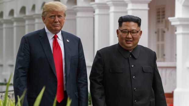 Donald Trump and Kim Jong-un in Singapore on Tuesday.