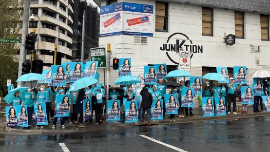 Monique Ryan’s supporters gathered outside the old pub on Saturday.