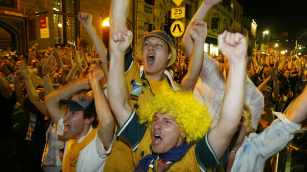 Wallabies fans at a live site at the Rocks in the 2003 Rugby World Cup.