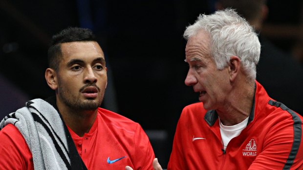 Tips from the master: John McEnroe talking to Kyrgios during the Laver Cup in 2017.