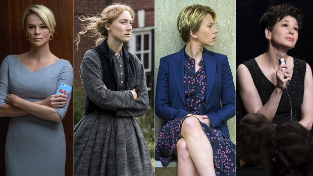 Oscar nominees for best actress, from left, Charlize Theron in Bombshell, Saoirse Ronan in Little Women, Scarlett Johansson in Marriage Story, Reneee Zellweger in Judy, and (not pictured) Cynthia Erivo in Harriet.  